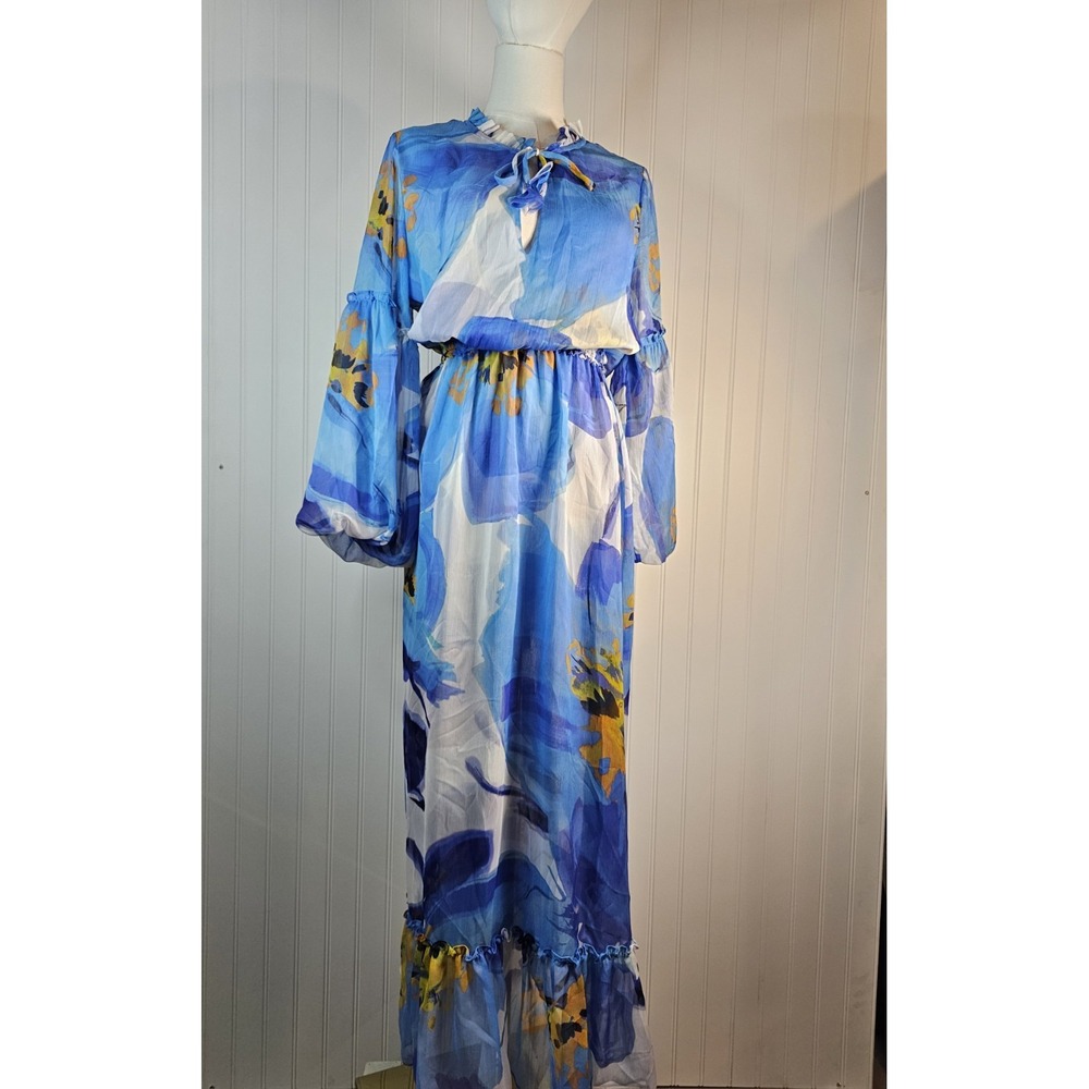 MISA Women Blue Amata Floral Sheer Chiffon Tiered-Sleeve Midi A-Line Dress XS